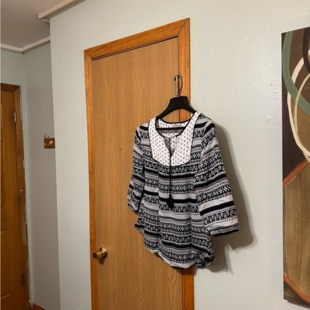 Bob Timberlake Large Black & White w/Geometric Print 3/4 Sleeve Blouse - EUC